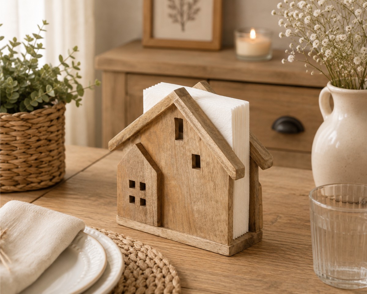 porta tovaglioli in legno a forma di casa
