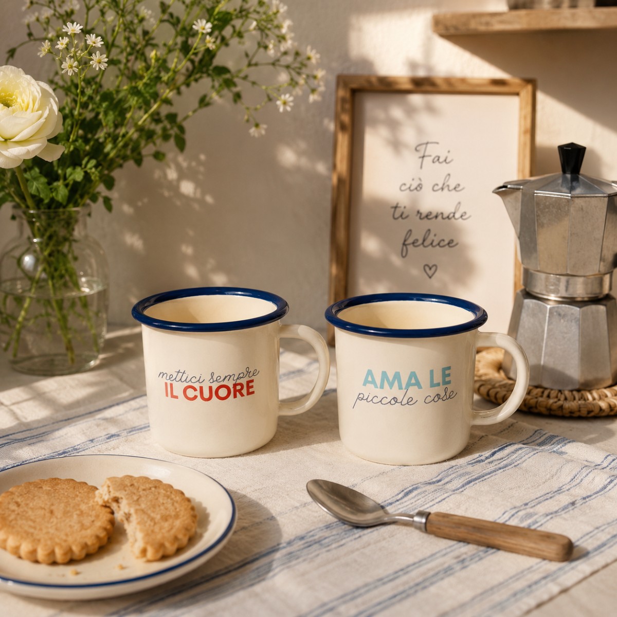 tazza in latta con scritta mettici sempre il cuore ama le piccole cose
