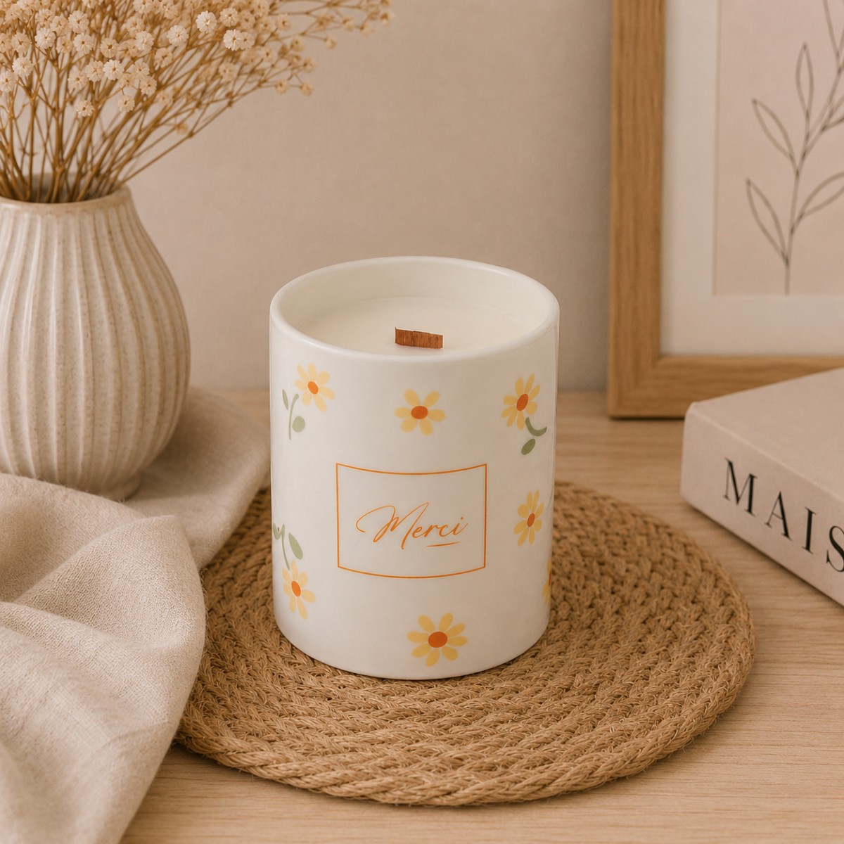 candela con disegno margherite