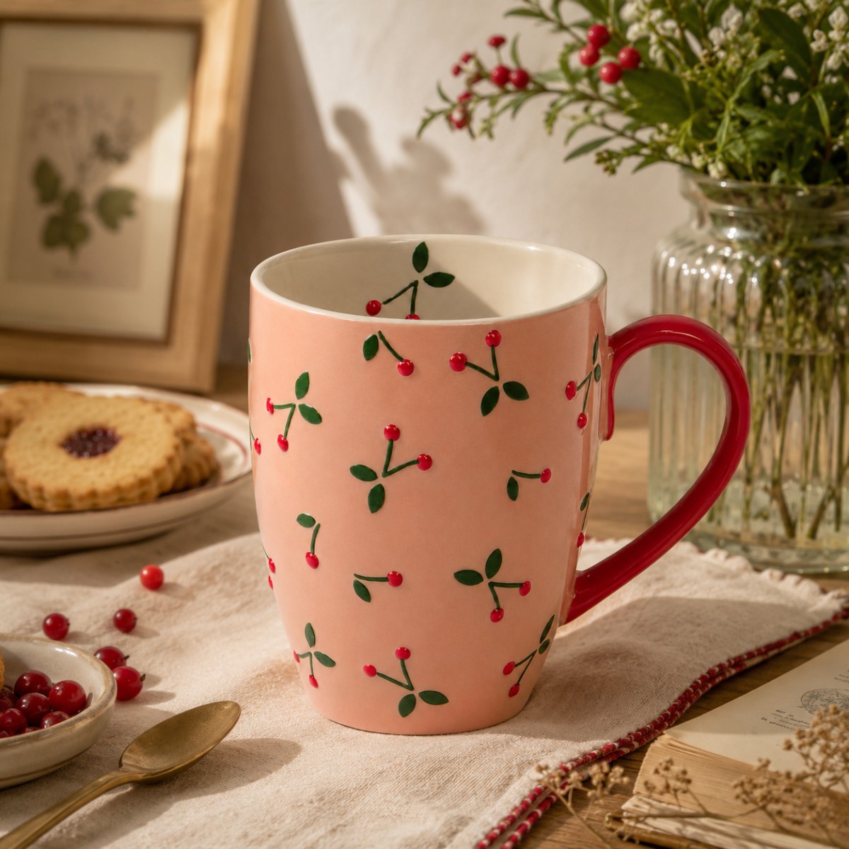 mug colazione con disegno ciliegie