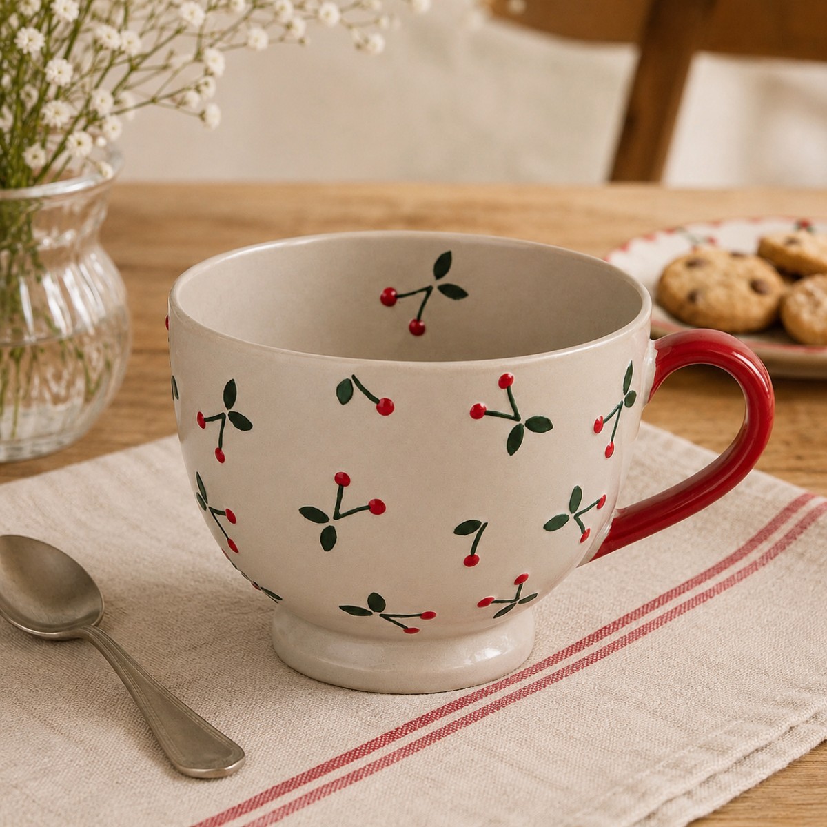 tazza colazione con disegno ciliegie