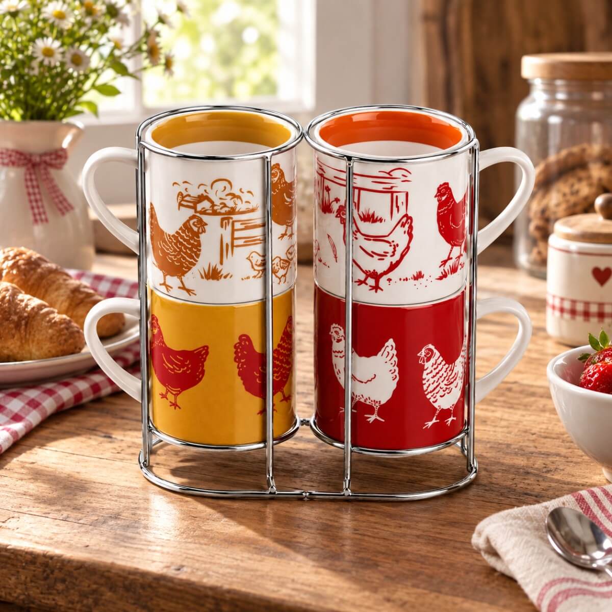set 4 tazze con disegno galline