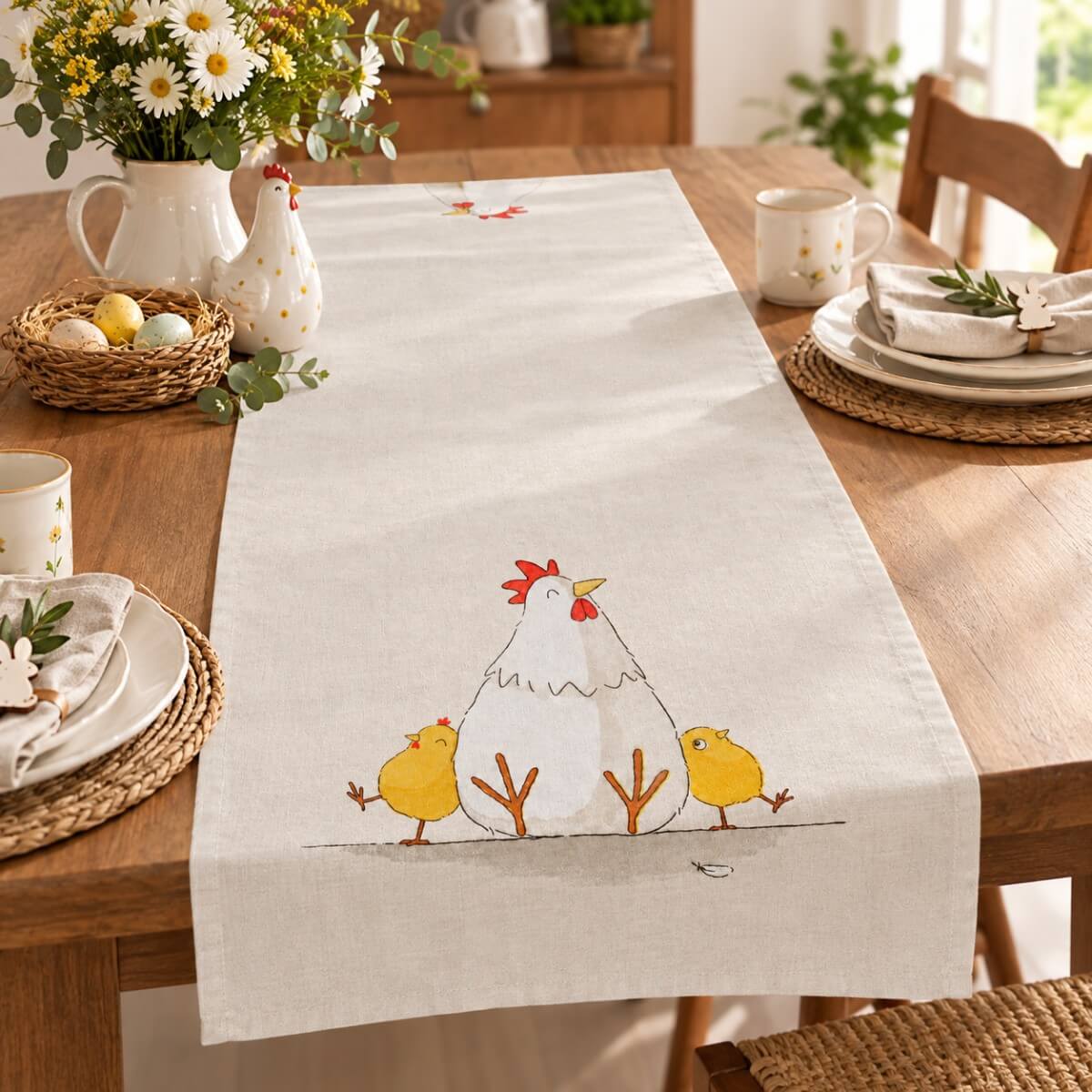runner da tavolo con disegno gallina e pulcini