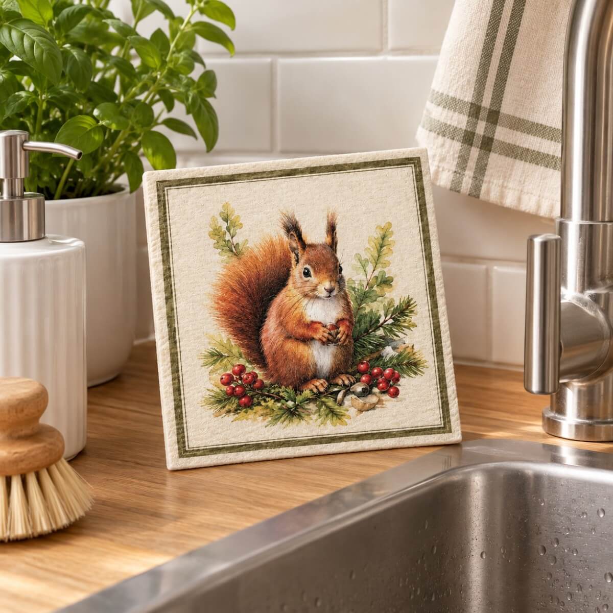 panno svedese con disegno animali bosco