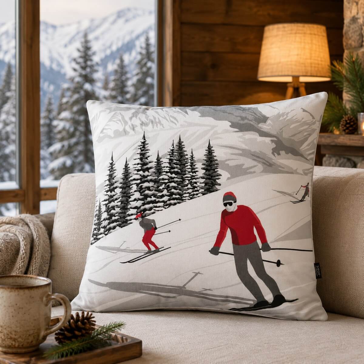 cuscino quadrato con disegno sciatore