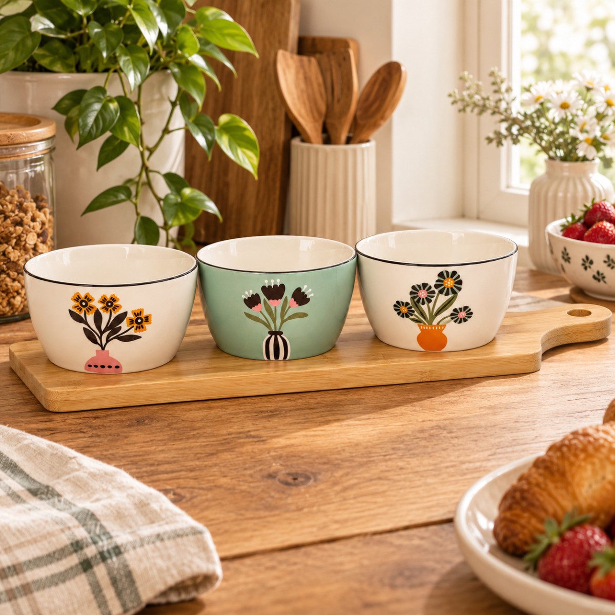 set tre tazze ceramica disegno fiore