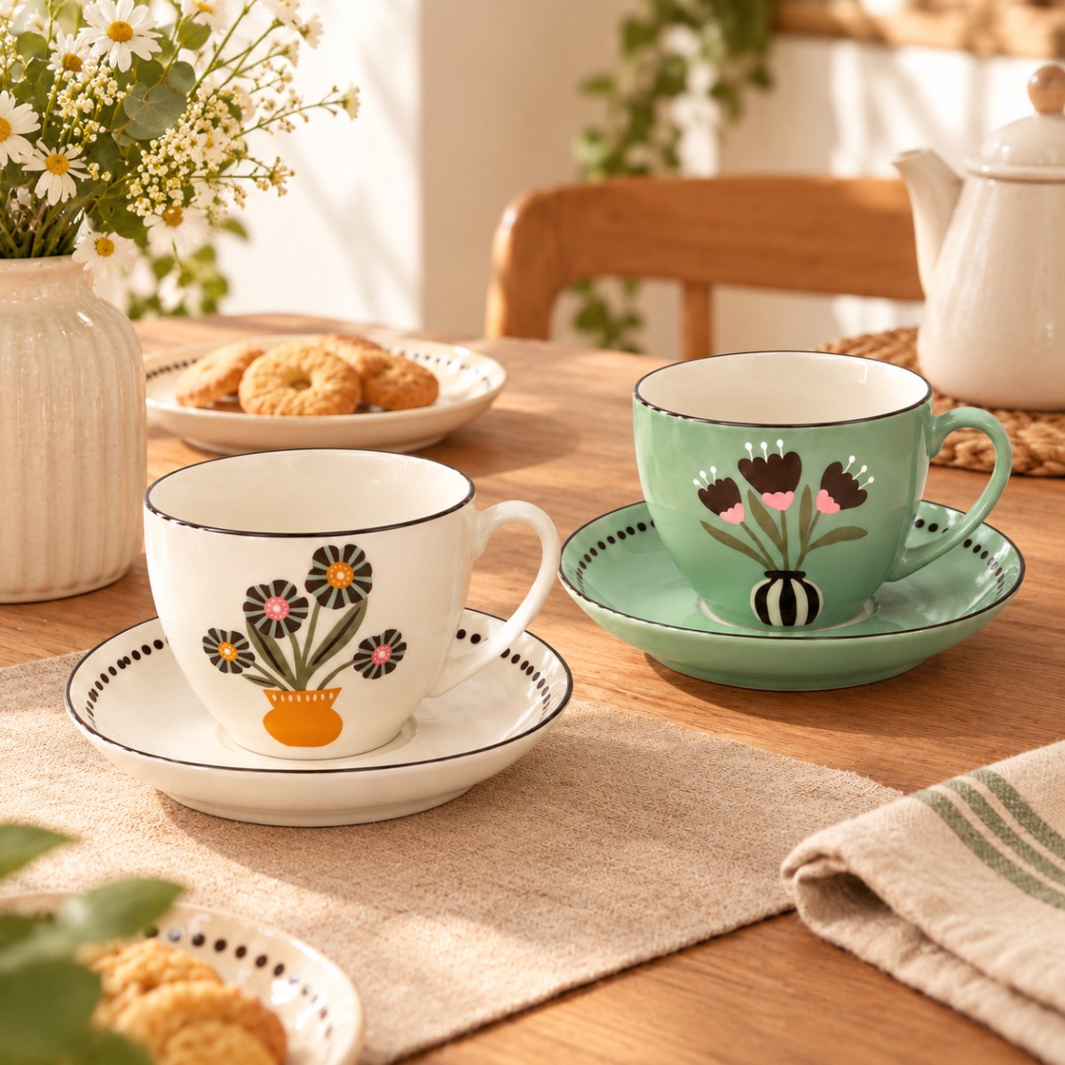 set due tazze in ceramica disegno fiore